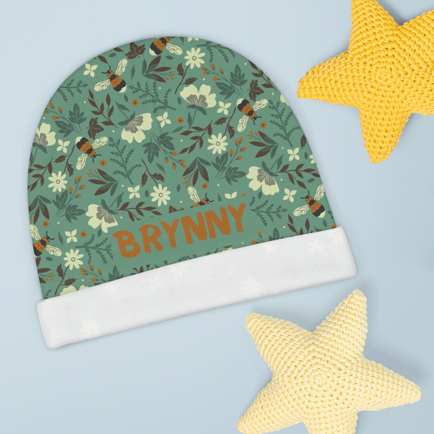 Buzzing Bees Baby Beanie (INCLUDE CUSTOM NAME & FONT OPTION IN NOTES AT CHECKOUT)