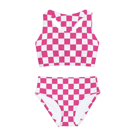 Girls Pink Checks Two Piece Swimsuit