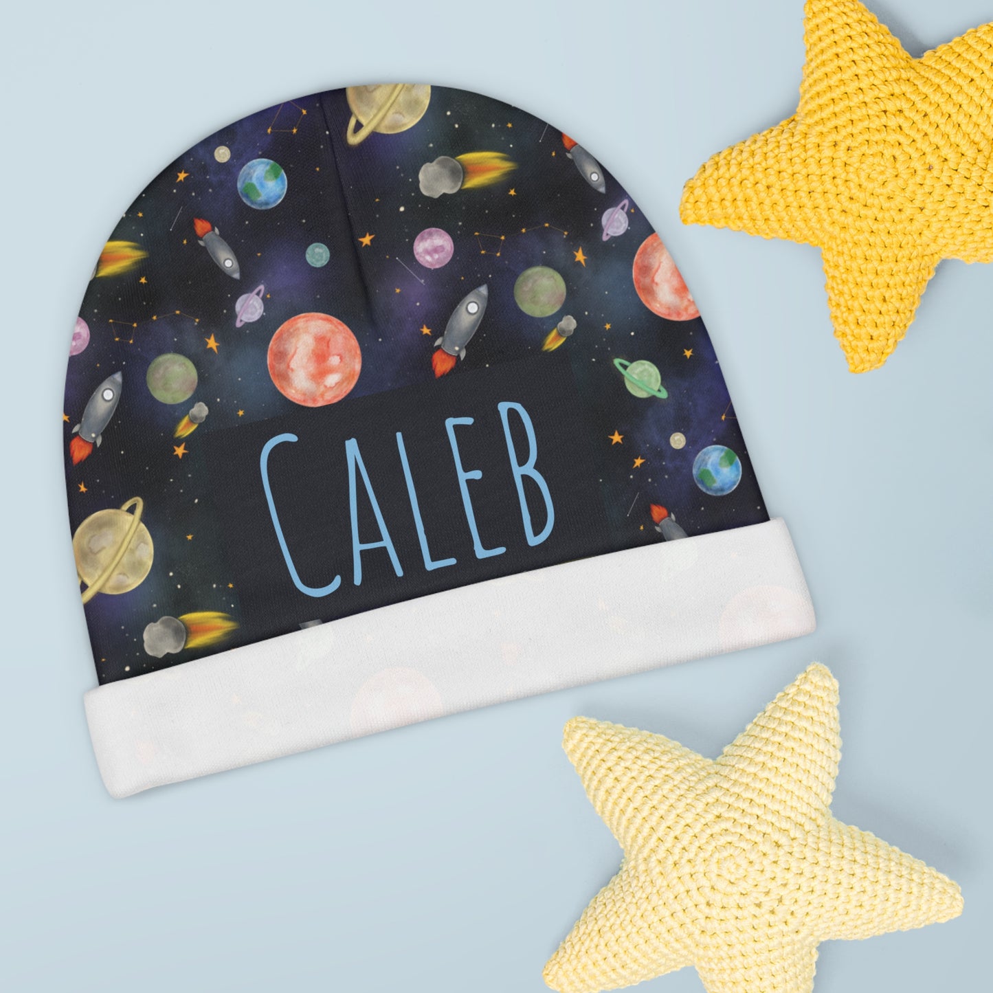 Teddy’s Space Adventure Baby Beanie (INCLUDE CUSTOM NAME & FONT OPTION IN NOTES AT CHECKOUT)