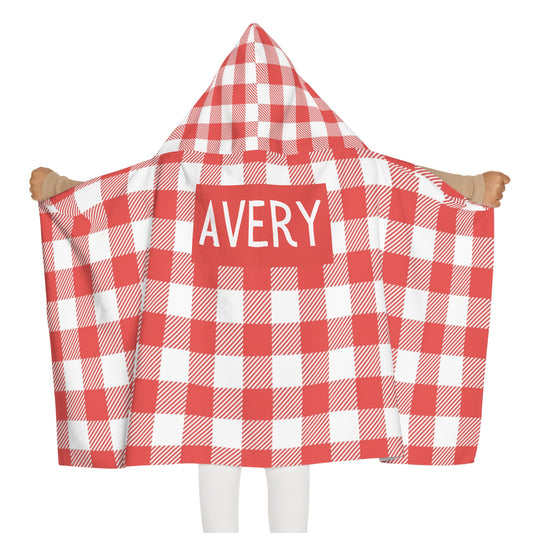 Red Gingham Youth Hooded Towel (INCLUDE CUSTOM NAME & FONT OPTION IN NOTES AT CHECKOUT)